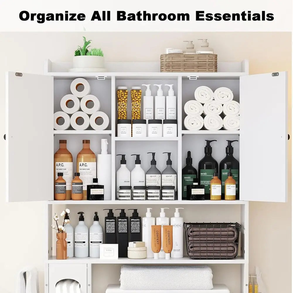 White Farmhouse-Style Metal Frame Toilet Storage Cabinet with 7 Adjustable Shelves and Paper Holder for Bathroom & Laundry Organ