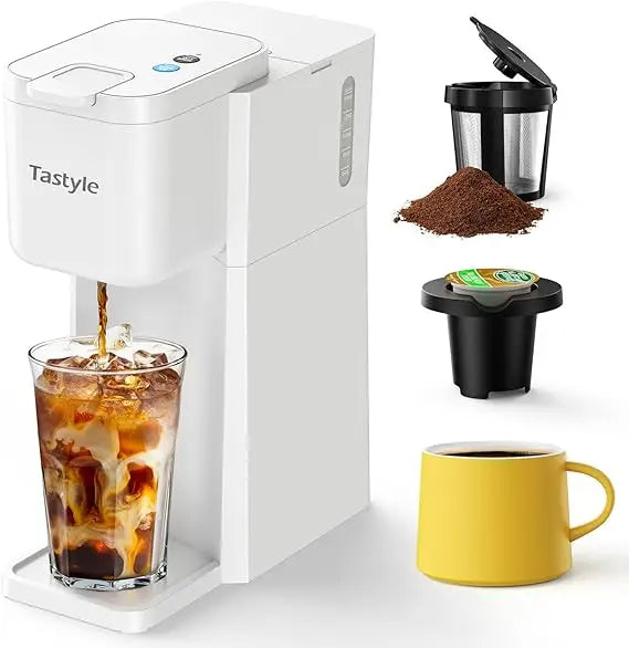 Mini Hot and Iced Coffee Maker Single Serve, for K Cup and Ground, 6 to 14 Oz Brew Sizes, with Recipe Book, for Home, Travel, RV