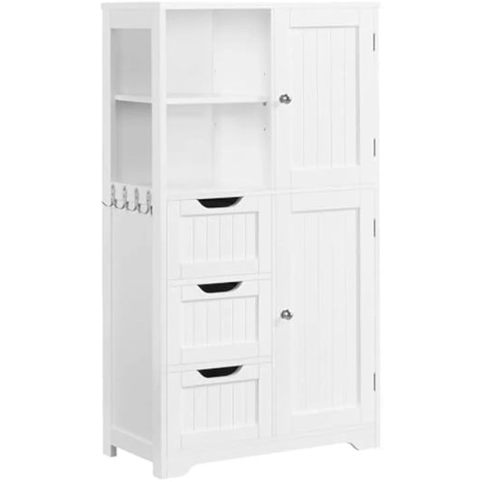 Bathroom Floor Cabinet 42″, Freestanding Storage Cabinet with 3 Drawers, 2 Open Shelves and 2 Doors, Wooden Storage Organizer w
