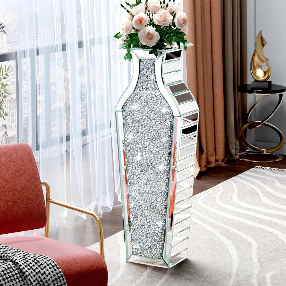 Large Crystal Vase with Crushed Diamond Effect for Living Room Decor and Big Glass Vase Accents