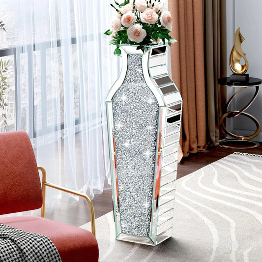 Large Crystal Vase with Crushed Diamond Effect for Living Room Decor and Big Glass Vase Accents