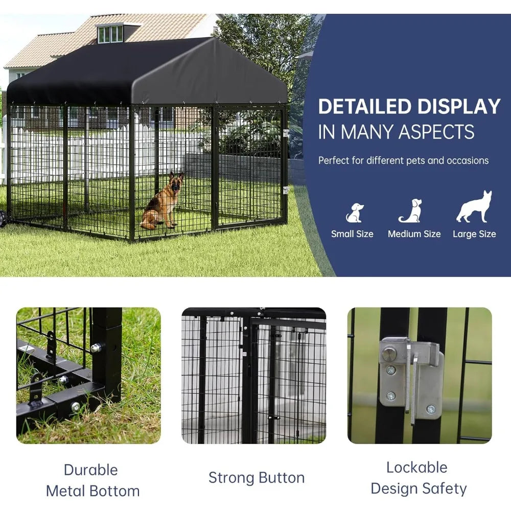Sturdy Outdoor Dog Enclosure with Roof and Double Locks - Galvanized Steel Kennel Fence (79W x 79D)