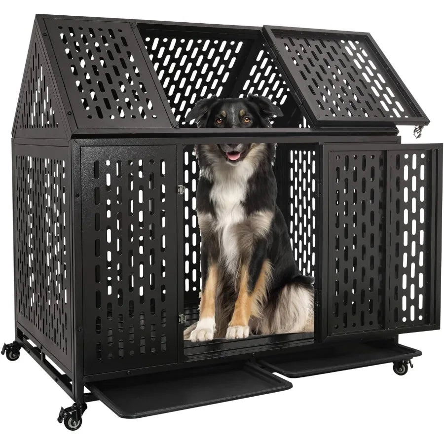 44'' Indestructible Heavy Duty Dog Crate Escape-Proof Kennel with Pointed Roof for High Anxiety Large Medium Dogs Steel Chewpro