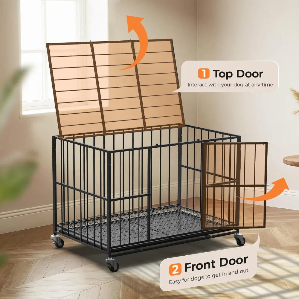 48 Inch Heavy Duty Dog Crate Steel Escape Proof, Indoor Double Door High Anxiety Cage, Removable Tray, Kennel with Wheels