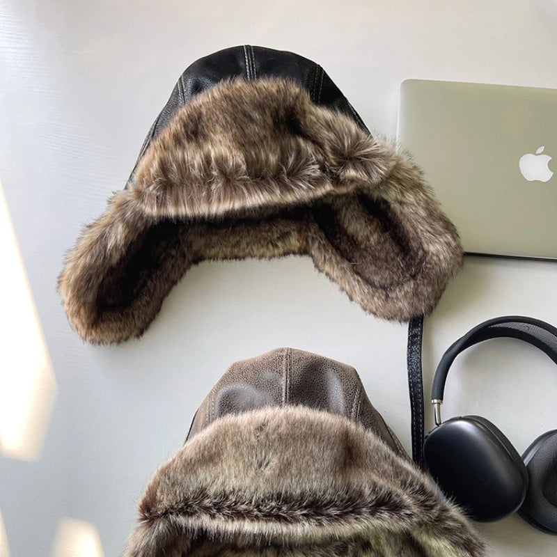 Unisex Aviator Hat Faux Leather Pilot Cap Winter Trapper Hunting Hat Windproof Russian Ushanka Thermal Thick Padded Winter Hat