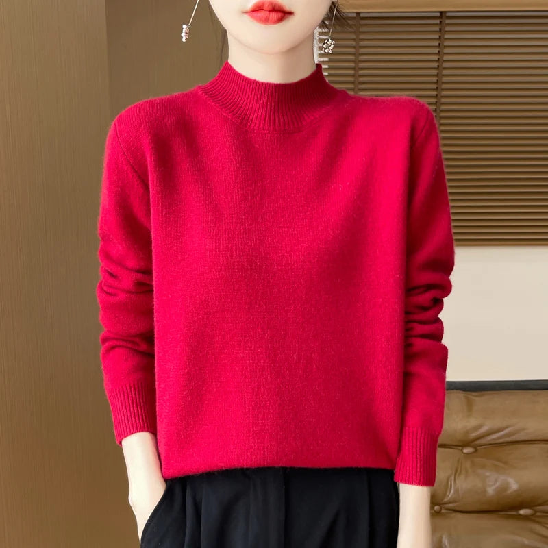 One Line Half Height 100% Andy Velvet Knitted Sweater For Women's Autumn And Winter New Top, Loose Long Sleeved Basic Style GH79