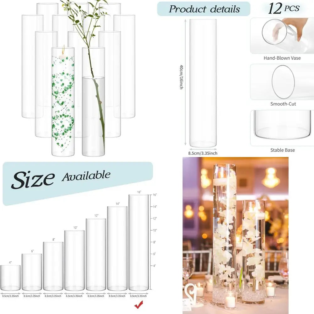 Set of 12 16 Clear Glass Cylinder Vases for Centerpieces, Floating Candles, Wedding Decorations