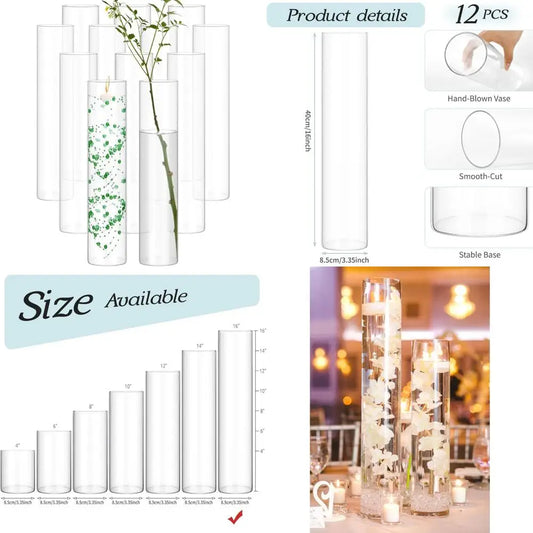 Set of 12 16 Clear Glass Cylinder Vases for Centerpieces, Floating Candles, Wedding Decorations