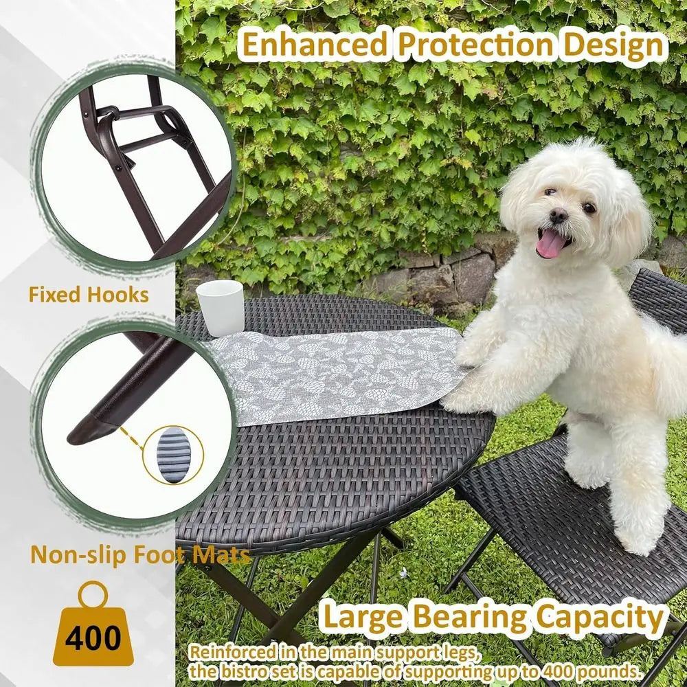 Folding 3-Piece Bistro Set with PE Wicker, Outdoor Patio Furniture, Round Table & Chairs for Garden, Balcony, Porch