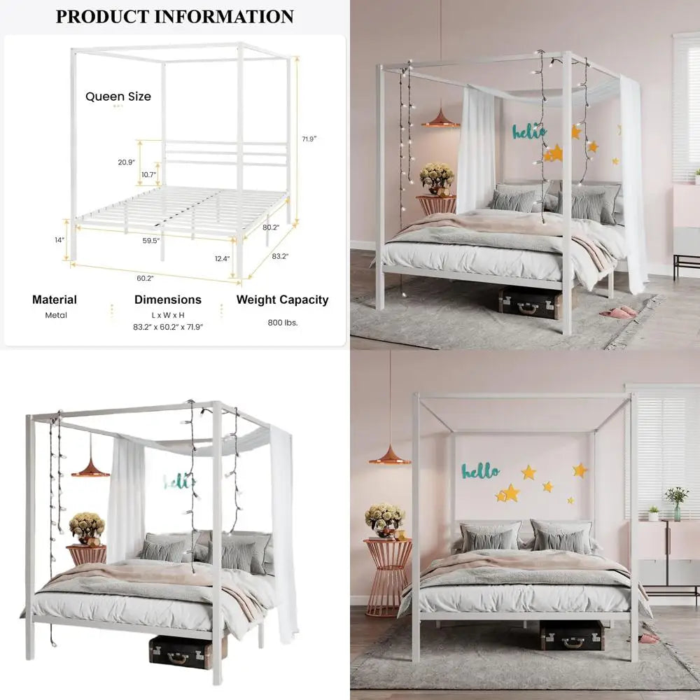 Queen Size Metal Canopy Bed Frame with Slat Support - No Box Spring Needed, Easy Assembly, White