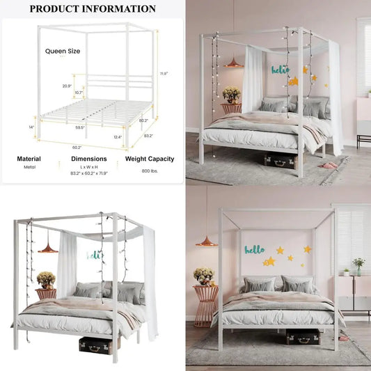 Queen Size Metal Canopy Bed Frame with Slat Support - No Box Spring Needed, Easy Assembly, White