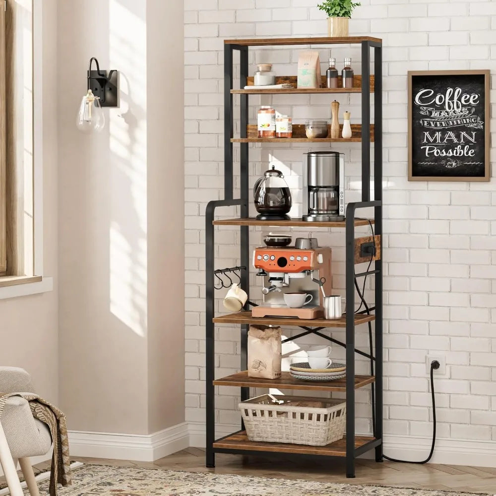 Bakers Rack with Power Outlet, 68.1inch Height Microwave Stand with 4 S-Shaped Hooks, 7-Tier Kitchen Storage Shelf Rack,
