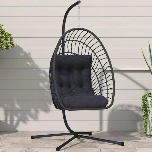 Foldable Rattan Wicker Hanging Egg Chair with Stand for Indoor And Outdoor Use - Swing Chair for Bedroom Porch Patio Garden