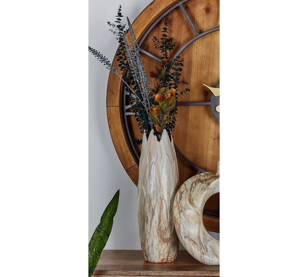 Modern Ceramic Vase with Marbled Finish, Angled Edge Design for Home Decor, Rust Accents, 7x7x21 Inches Beige Centerpiece