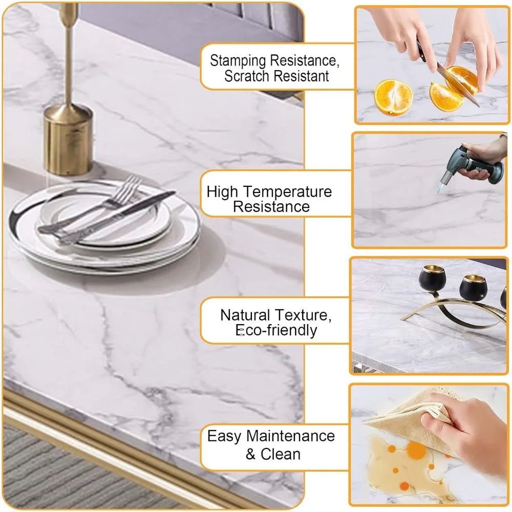 Marble Dining Table for 4 6, 70 Inch White Gold Kitchen Table with Faux Marble Top & Cabriole Stainless Steel Legs, Modern Recta