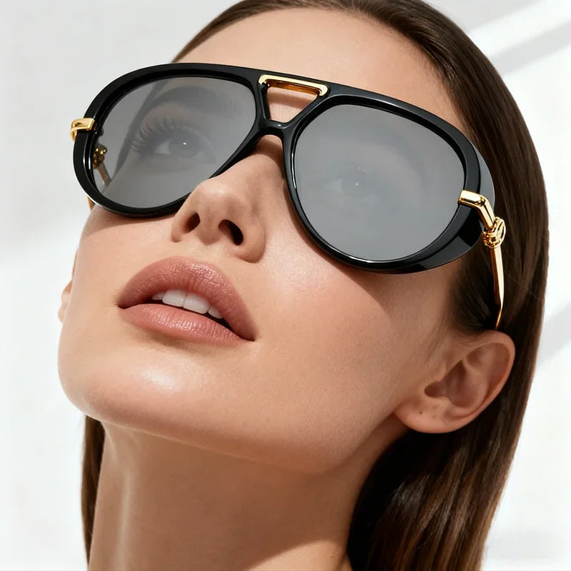 Fashion Punk Big Pilot Sunglasses New Women Luxury 2025 Oversized Double Bridge Hollow Black Yellow Glasses Ladies Metal Female