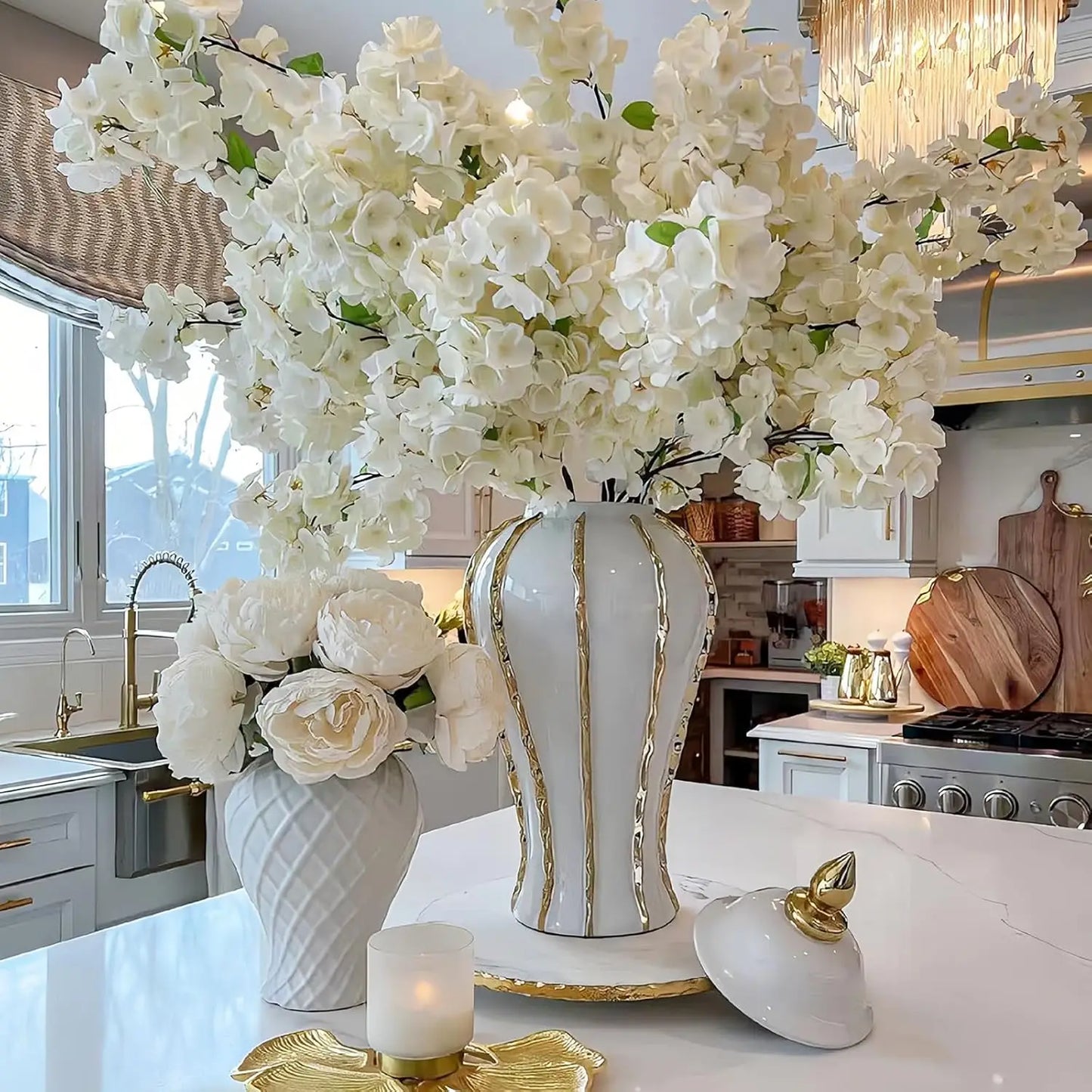 White and Gold Flower Vase,Large Decorative Ginger Jars for Centerpieces, Tabletop Home Décor, Bedroom,Living Room(A, 18in)