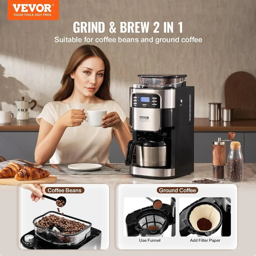 8Cup Coffee Maker with Builtin Grinder for Home Office and Restaurant Use Features 3 Brew Strength Settings 24Hour Programmable