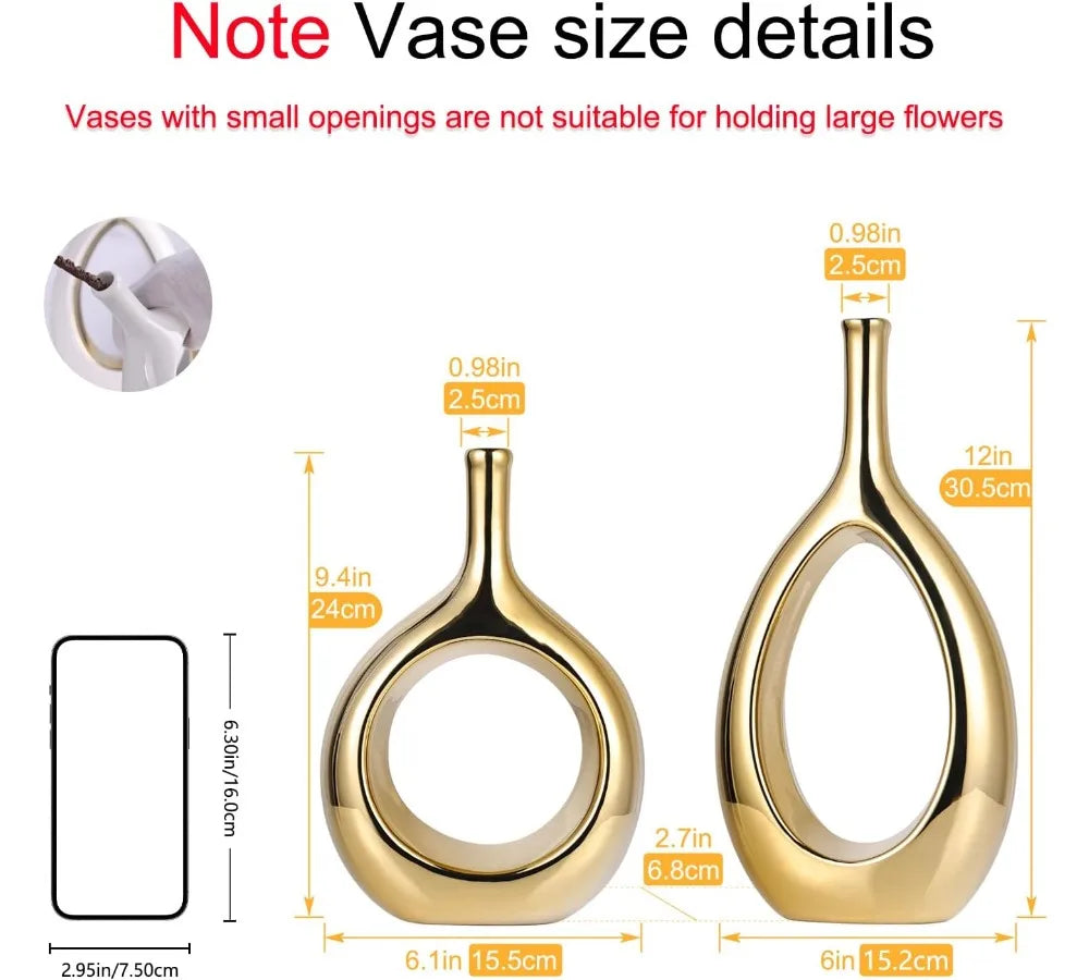 Glossy Gold Ceramic Vase Set Modern Hollow Ellipse Home Decor Centerpiece Farmhouse Rustic