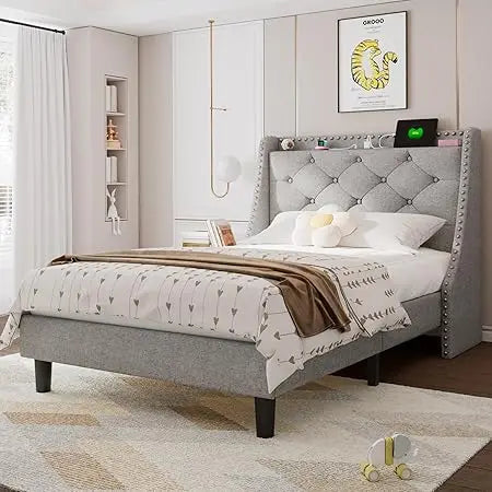 Twin Bed Frame with Upholstered Storage Headboard, Button Tufted Wingback Design, Fast Charging Station Included