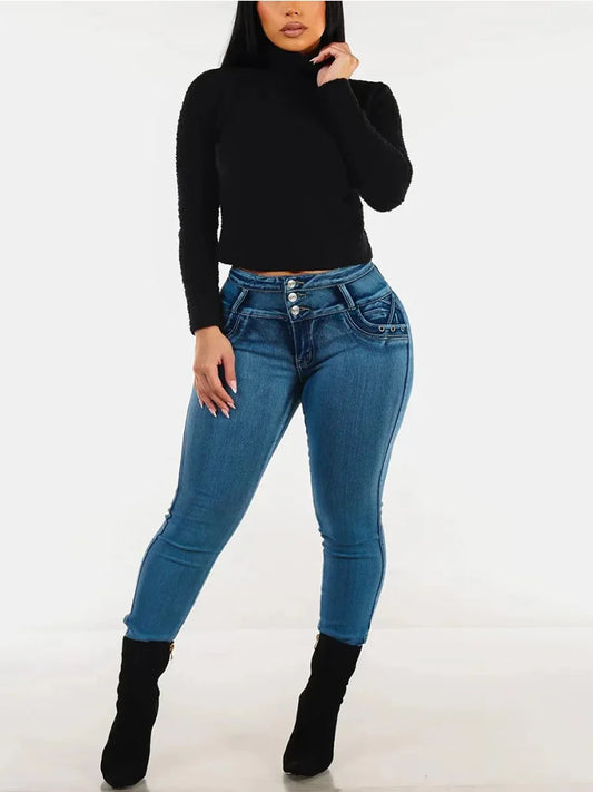 Washed medium blue front row button pocket discount elastic slim tight hip lifting small feet for women fashionable casual jeans