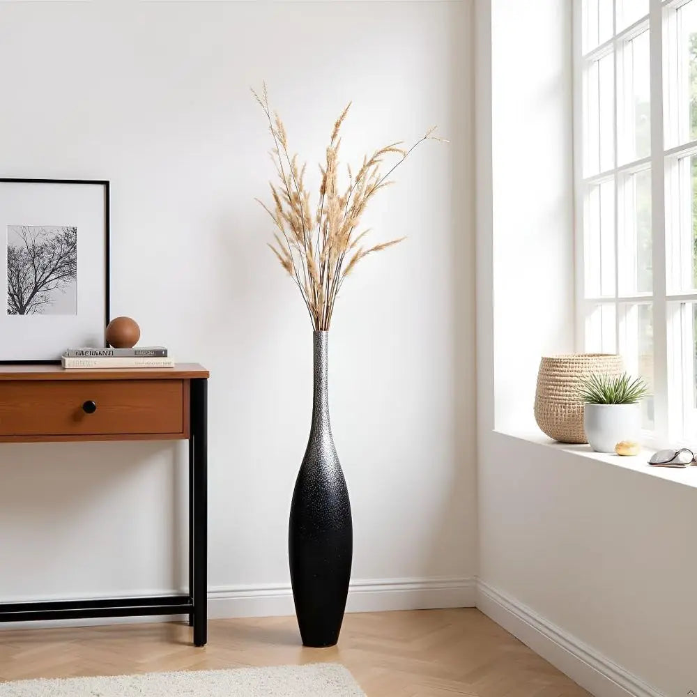 Large Decorative Modern Floor Vase - Black Silver Galaxy Ombre, Slim Neck, Weighted Base for Living Room, Entryway Home Decor