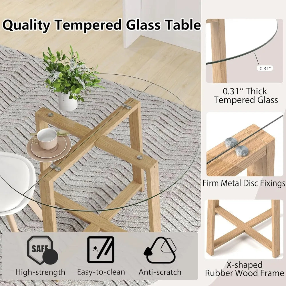 42 Round Glass Dining Table Set for 4-6, 0.3” Modern Tempered Glass Tabletop with 4 Padded Chairs, ModernTable and Chai