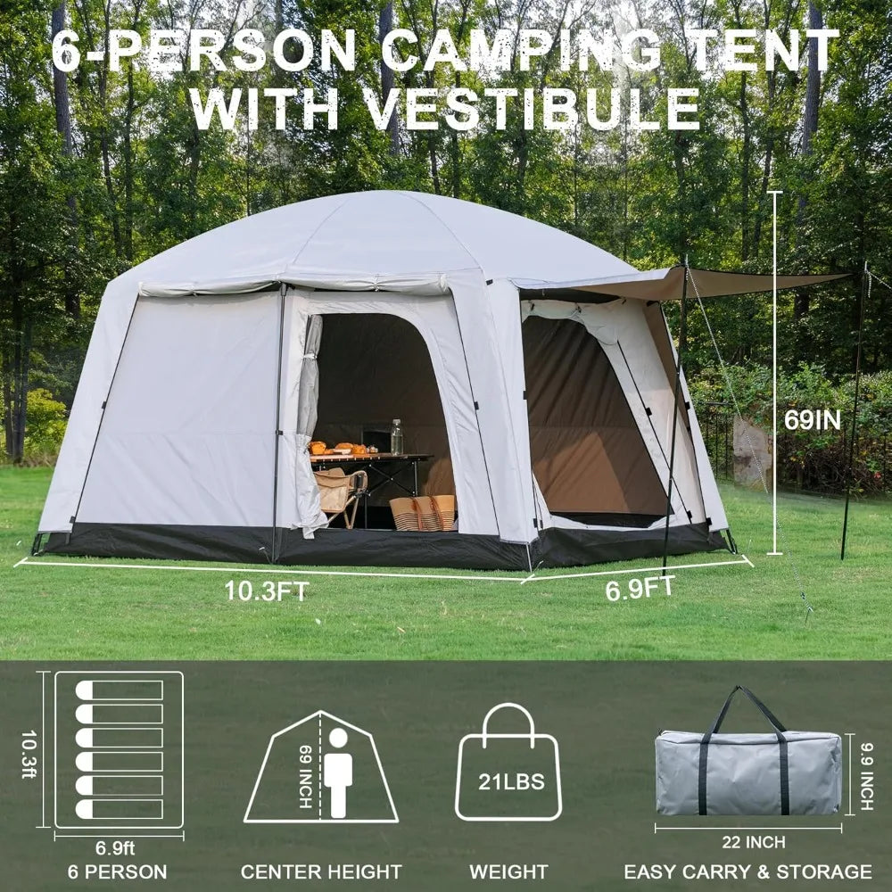 Family-Sized Waterproof Cabin Tent with Porch and Rainfly, Spacious 2-Room Glamping Tent for 4-6 People