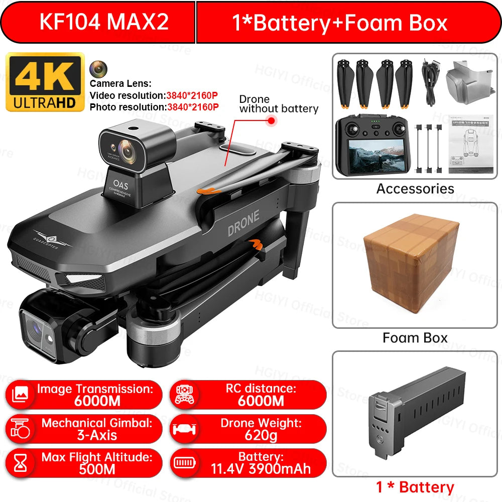 NEW KF104 MAX2 GPS Drone 4K Professional 3-Axis Gimbal Obstacle Avoidance 6KM EIS Drones With Camera Foldable RC Quadcopte