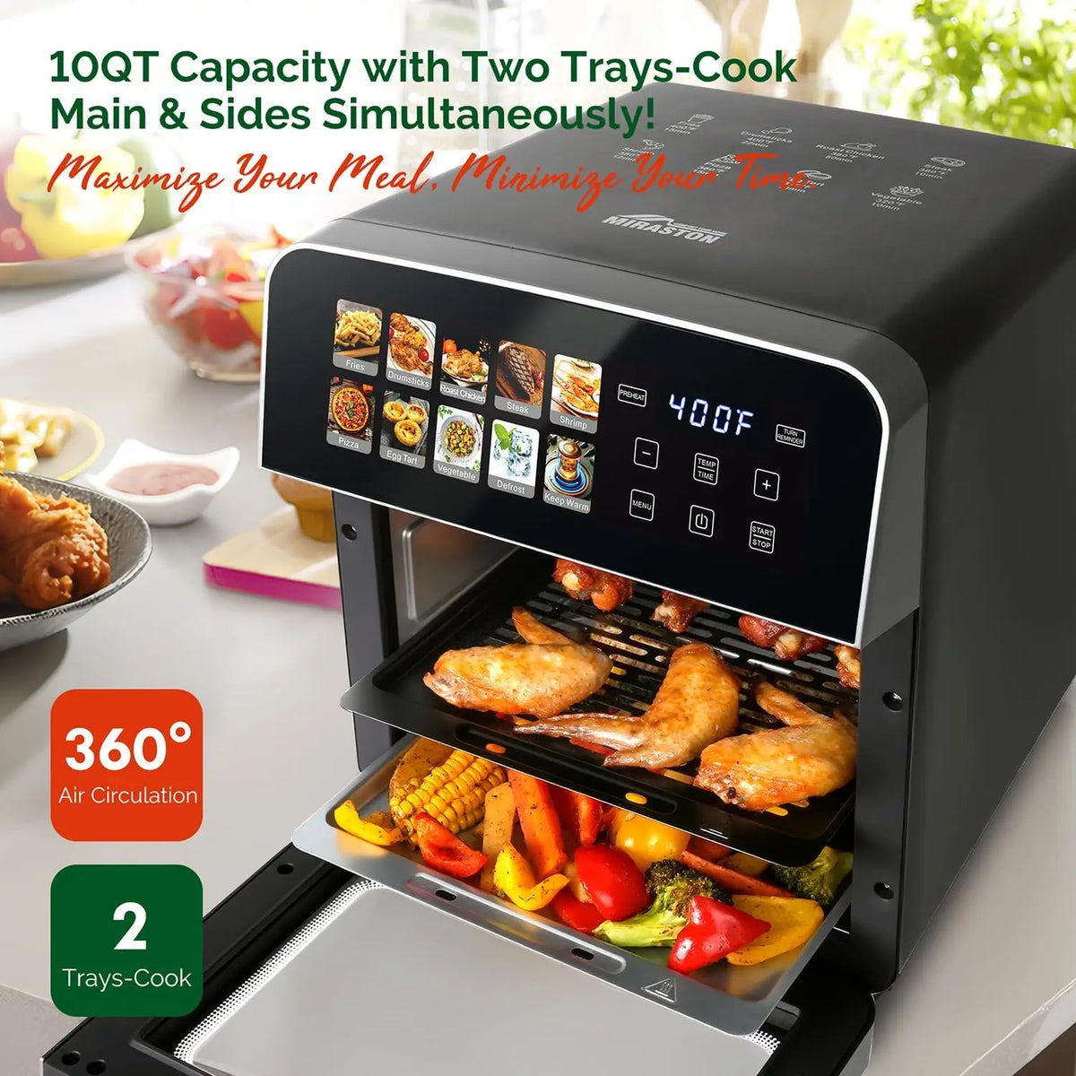 10QT Air Fryer Toaster Oven Combo with 10 Presets, Stainless Steel Interior, Easy Clean, Includes Accessories & Recipe