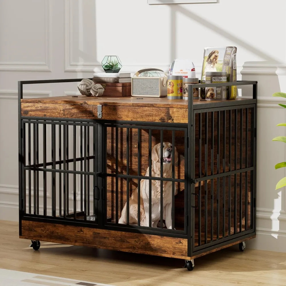 Dog Crate Furniture for Large Dog with 2 Stainless Steel Bowls, Large Wooden Dog Crate Table, XL Heavy Duty