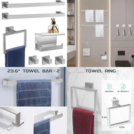 Stainless Steel 7-Piece Bathroom Hardware Set with Brushed Nickel Towel Bar and Rack, 23-Inch Towel Bars for Modern Bath Decor