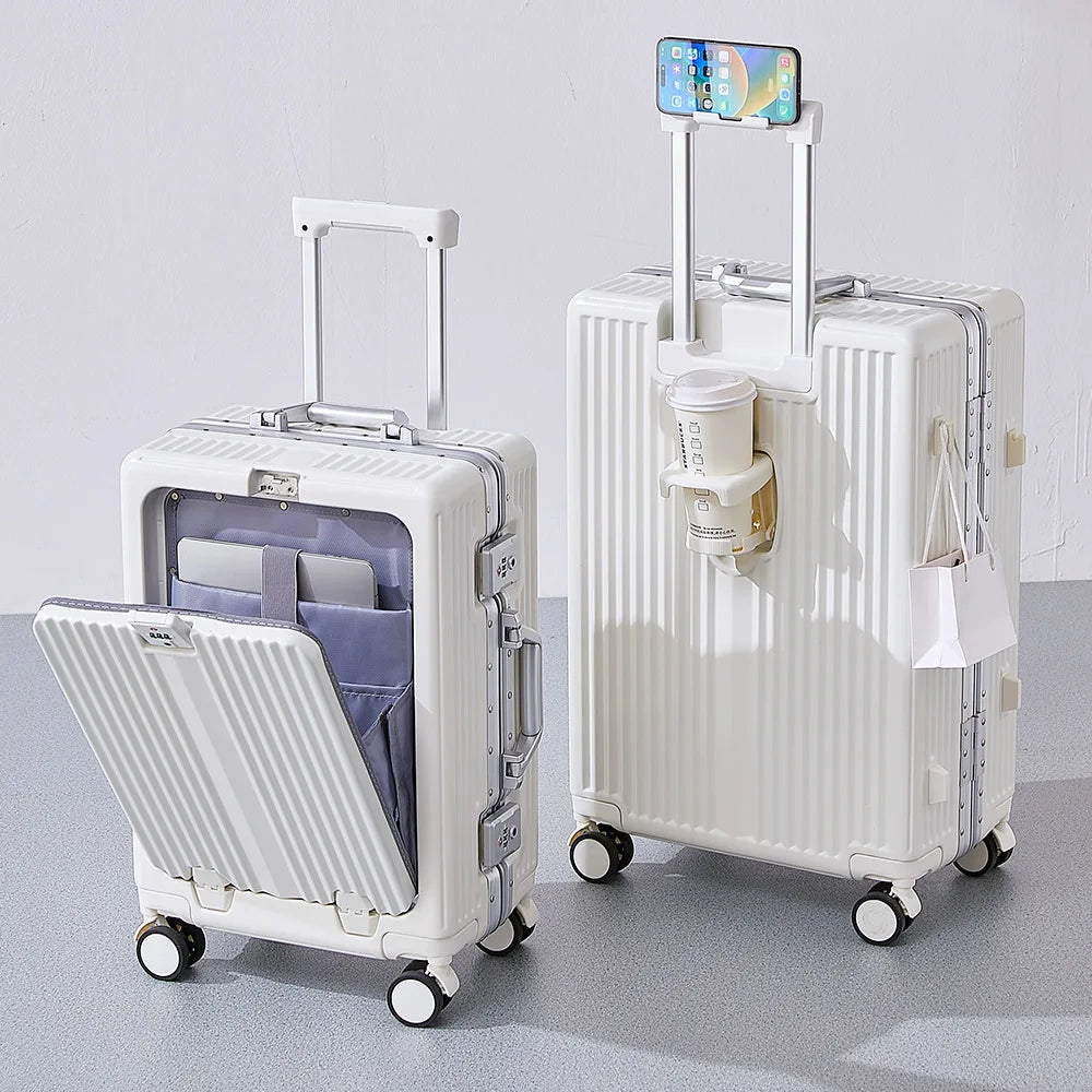 Front Opening Pocket Suitcase with Aluminum Alloy Frame Lock Trolley Bags Travel Rolling Luggage USB Charging Plug Spinner Wheel
