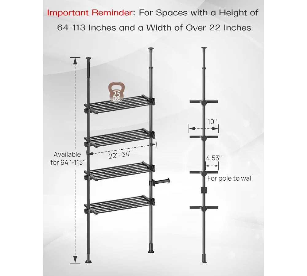 Adjustable Over Toilet Storage Shelf, 4-Tier Bathroom Organizer with Tension Mount, Fits 64-113 Inch Heights, Black