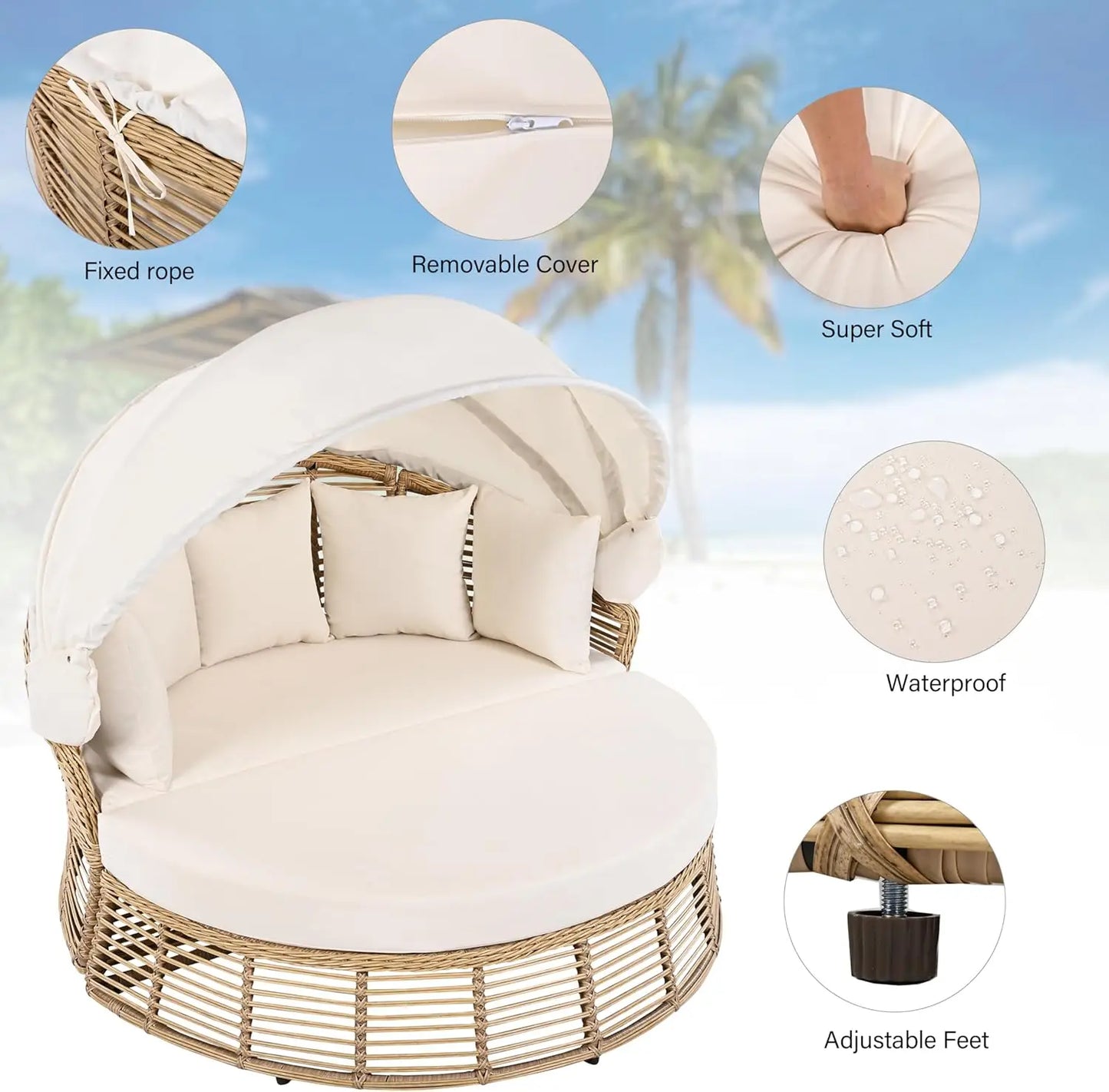 Outdoor Patio Rattan Round Daybed with Retractable Canopy Wicker Furniture Round Poolside Sofa Sunbed with Removable Cushions (B