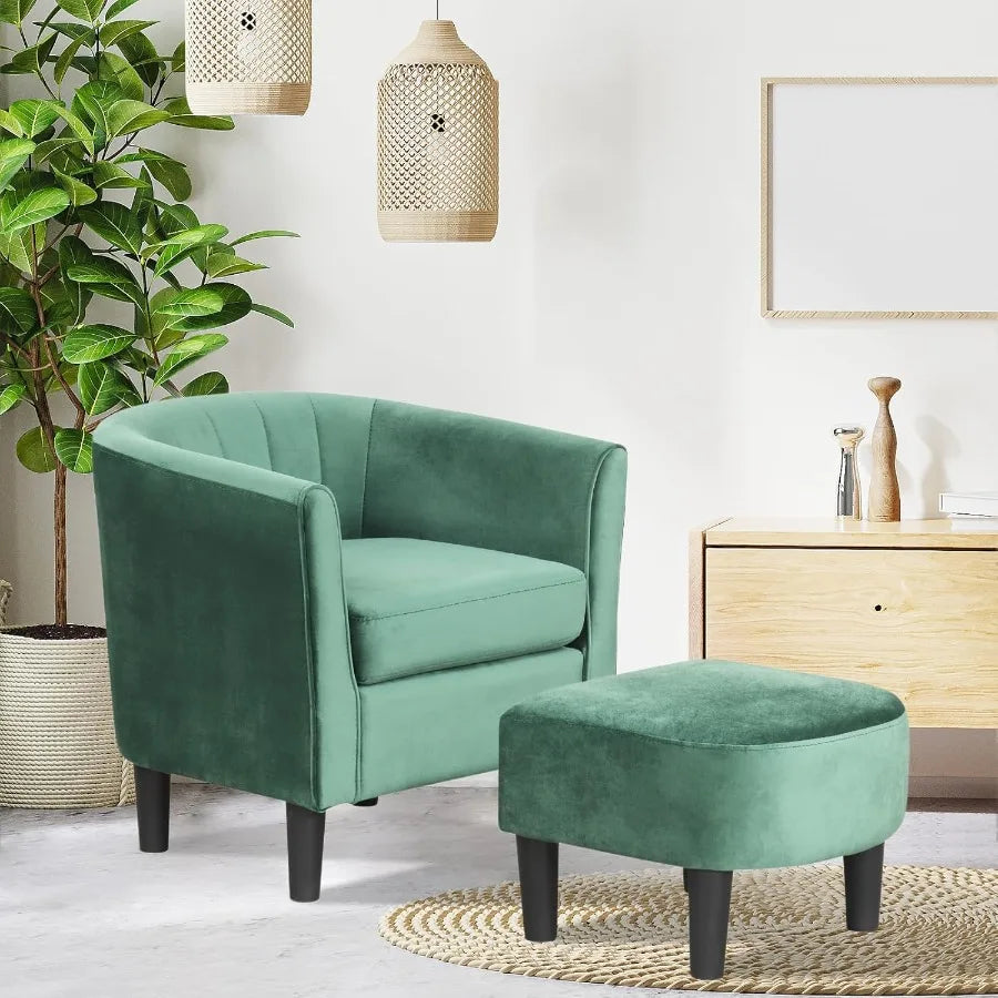 Modern accent chair with ottoman upholstered in teddy velvet featuring a barrel design curved backrest and armrests non-slip fe