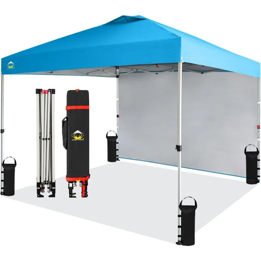 CROWN SHADES 10x10 Pop Up Canopy with 1 Side Wall - Beach Tent with One Push Setup - Gazebo with STO-N-Go Cover Bag (Sky Blue)