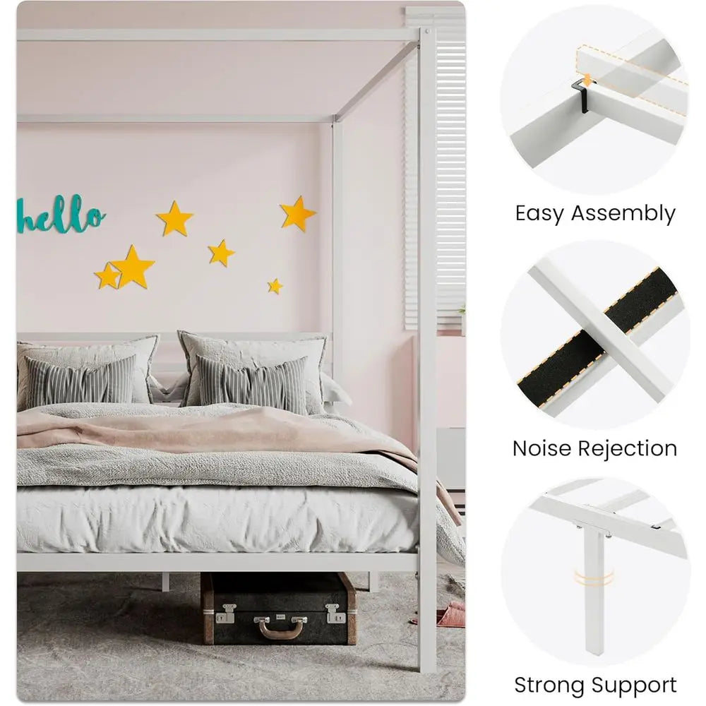 Queen Size Metal Canopy Bed Frame with Slat Support - No Box Spring Needed, Easy Assembly, White
