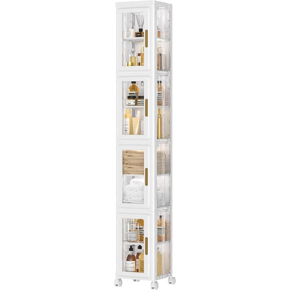 4-Tier Slim Storage Cabinet with Lockable Wheels, Adjustable Shelves for Bathroom, Kitchen, Living Room, Easy Assembly