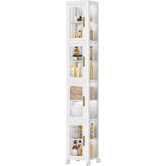 4-Tier Slim Storage Cabinet with Lockable Wheels, Adjustable Shelves for Bathroom, Kitchen, Living Room, Easy Assembly