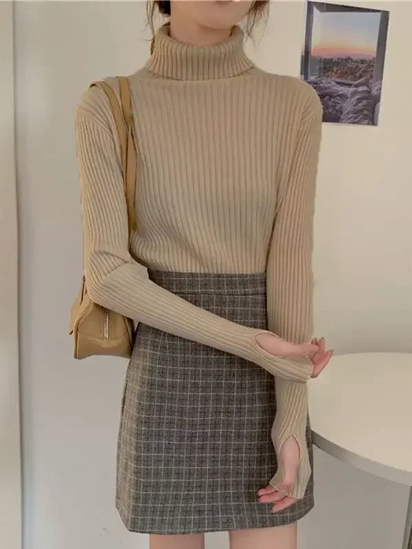 Autumn Winter Warm Thick Women Sweater Pullover Basic Korea Ribbed Sweaters Cotton Tops Knitted Solid Turtleneck with Thumb Hole