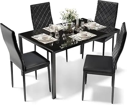 Dining Table Set for 4, Kitchen Table and Chairs Set of 4, 5 Piece Modern Dining Room Table Set with Tempered Glass Top and PU L