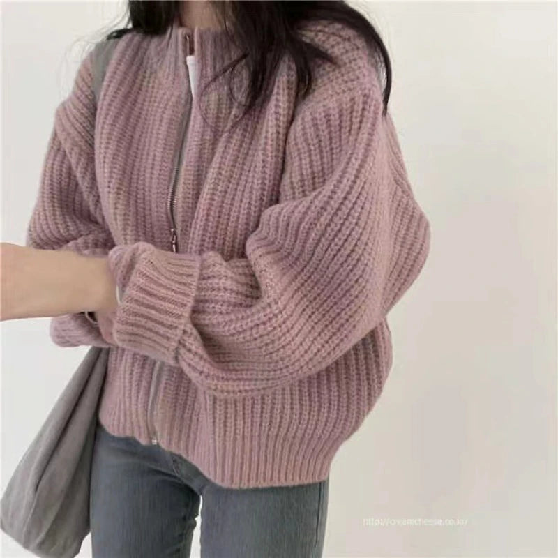 Autumn Elegant Cardigan Zipper Knitwear Winter New Women's Crew Neck Knitted Long sleeved Sweater Solid Color Casual Top