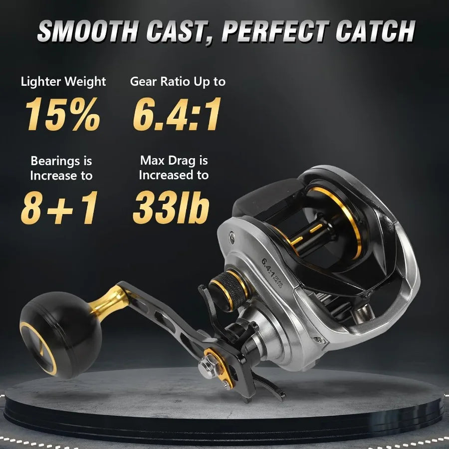 Baitcaster Reels with 6.4:1 Gear Ratio and 33 Lb Max Drag for Mandarin Fish and Sea Bass Featuring 8+1 Stainless Steel Bearings