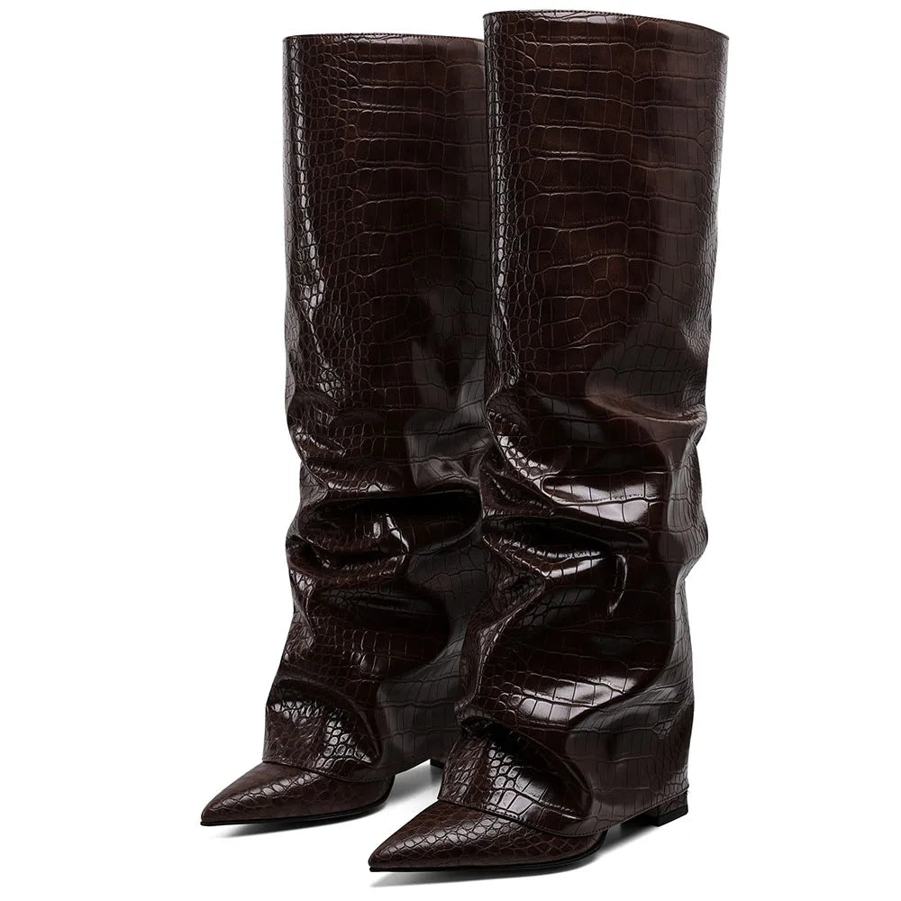 GIGIFOX Knee High Fashion Women Fold Over Boots Pleated Block High Heel Pointed Toe Shoes All-Match Street Snap Boots For Woman