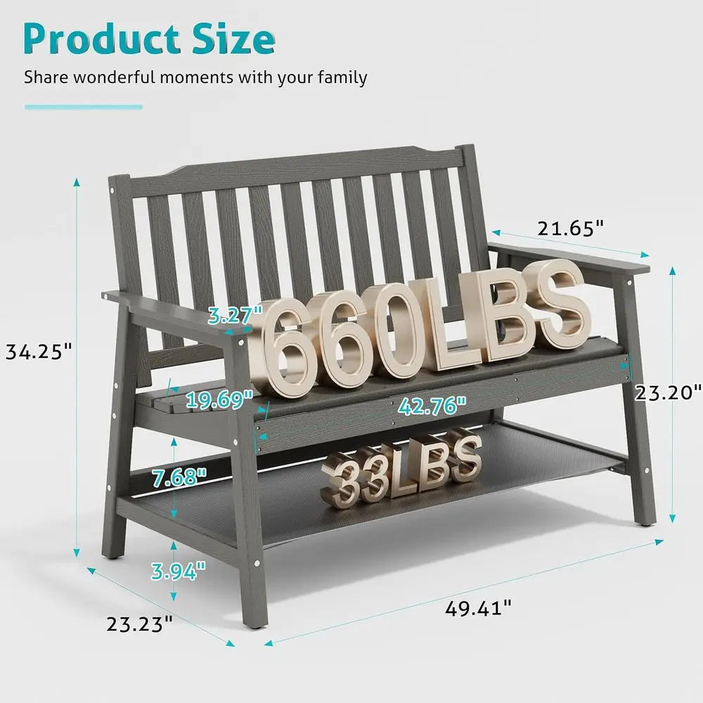 2-Person Outdoor Patio Bench, 660lbs Capacity, Weather-Resistant, Grey for Porch, Backyard, and Parks