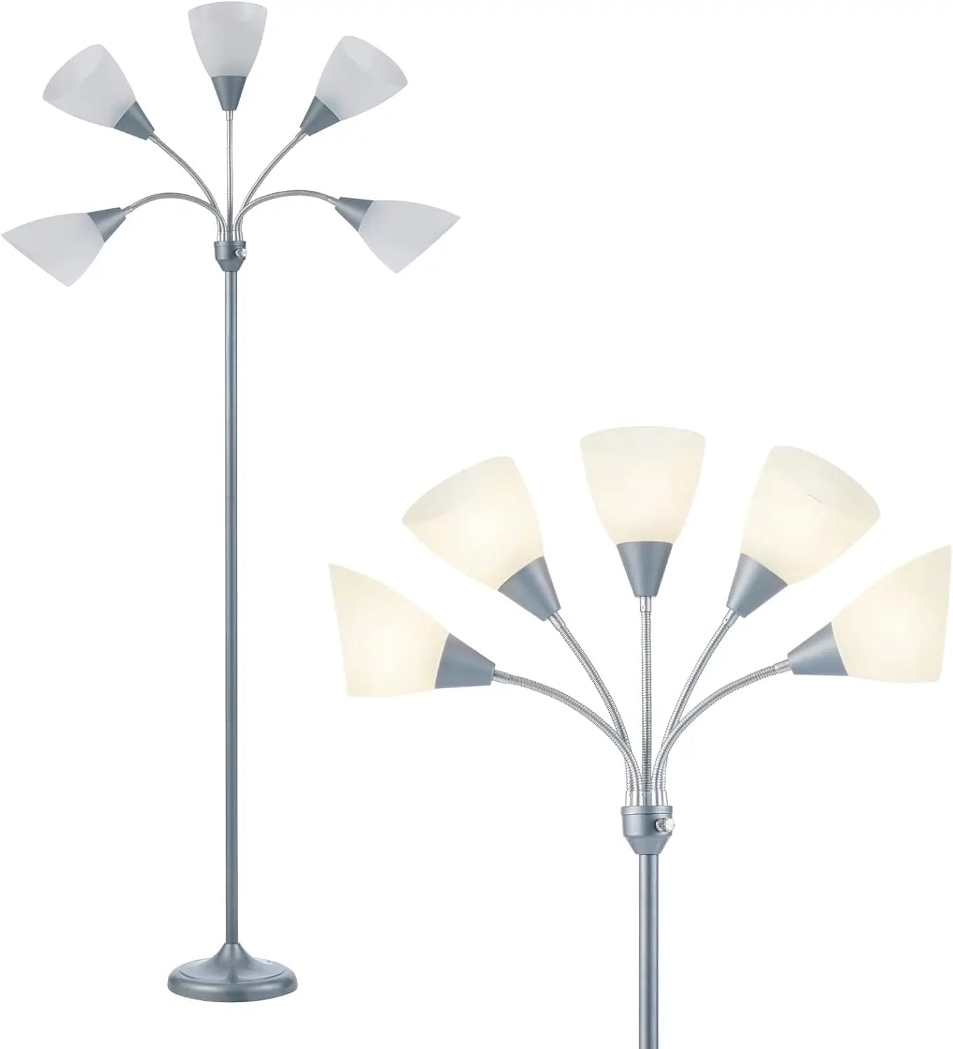 Medusa 5-Head Adjustable Floor Lamp, Large Shade, Silver, E26/A19 Bulb, Living Room Bedroom Reading Light