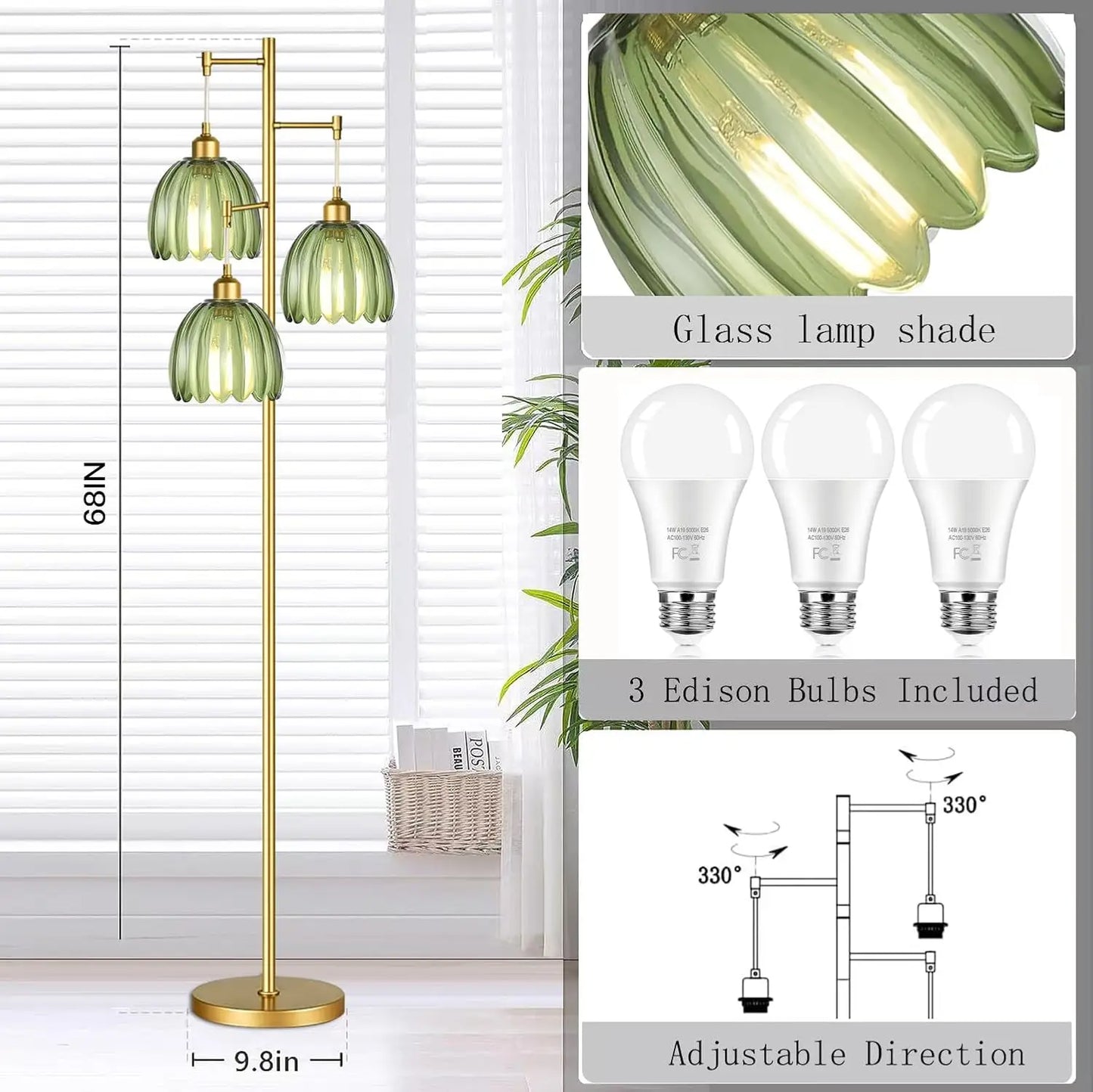 Gold Mid Century Modern Floor Lamp with Brass Tree, 3-Light Green Glass Shade for Living Room, Bedroom, Vintage Retro Style