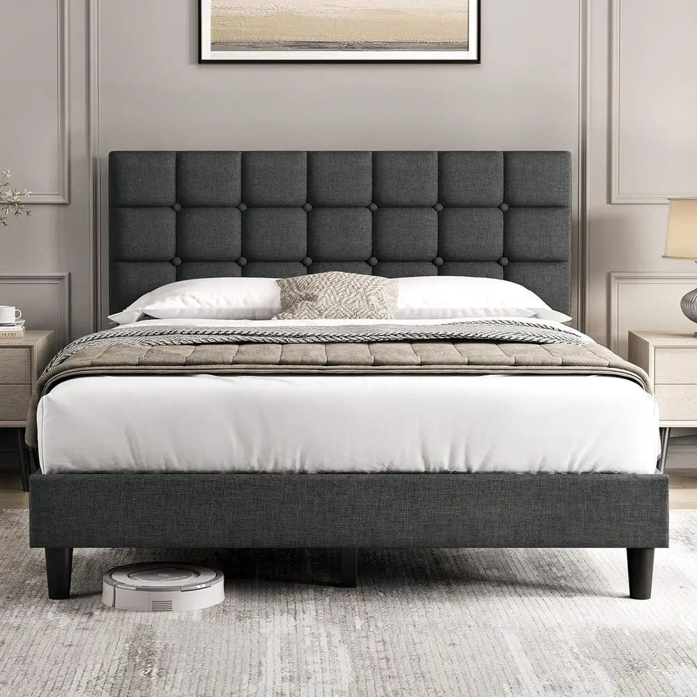 Modern Queen Upholstered Bed Frame with Adjustable Headboard, Button-Tufted, Dark Grey, No Box Spring Needed