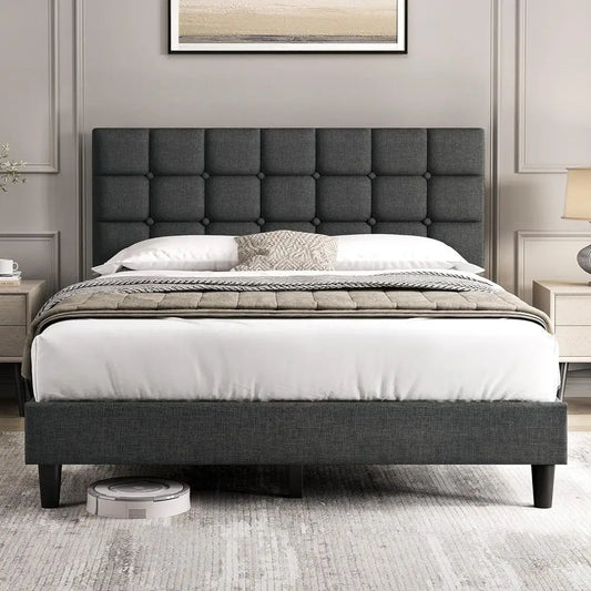 Modern Queen Upholstered Bed Frame with Adjustable Headboard, Button-Tufted, Dark Grey, No Box Spring Needed